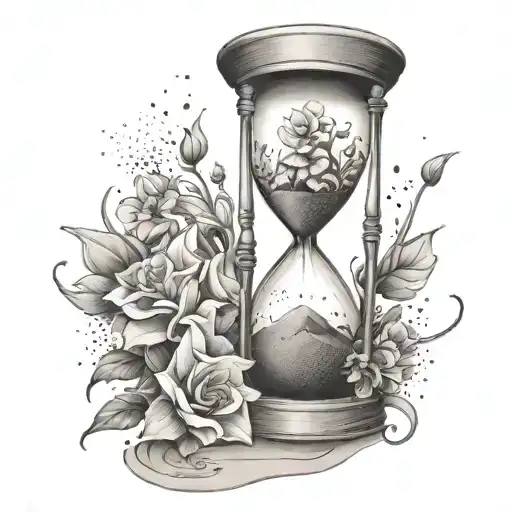 Hour Glass With Flowers As The Sand Falling Throug Space
