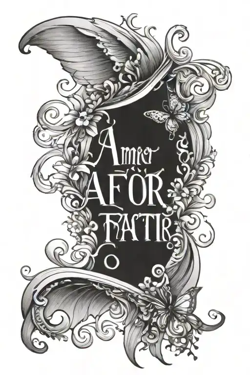 The Word Amor Fati Is Written Vertically In Between A Fairy Wing
