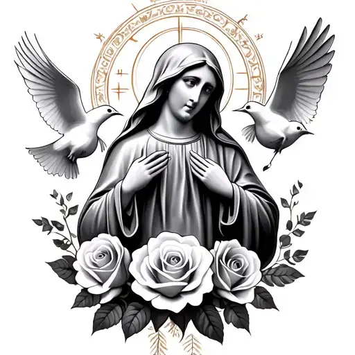 The Holy Mary With Roses Below And Doves