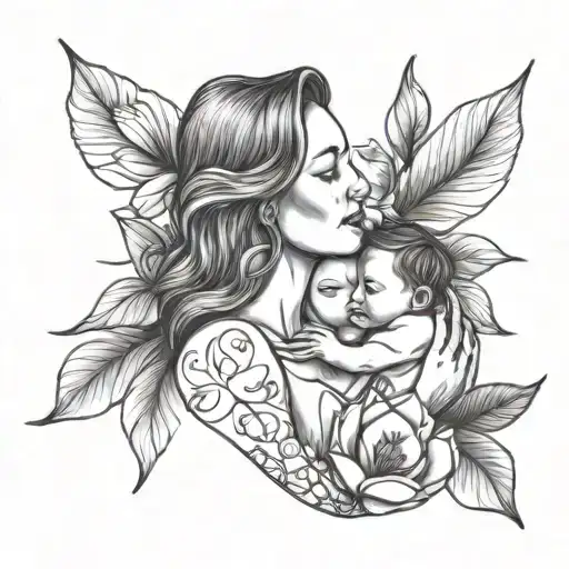 Outline Drawing Of Mother Breastfeeding With Magnolia Flower And Names Written Evelyn And Woody