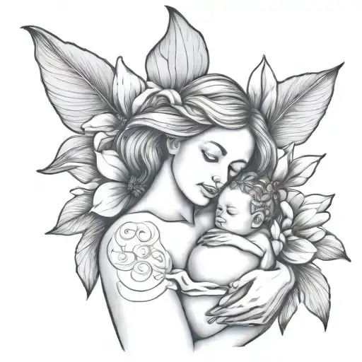 Outline Drawing Of Mother Breastfeeding With Magnolia Flower And Names Written Evelyn And Woody