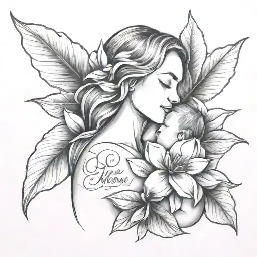 Outline Of Mother Breastfeeding With Magnolia Flower And Names Written Evelyn And Woody