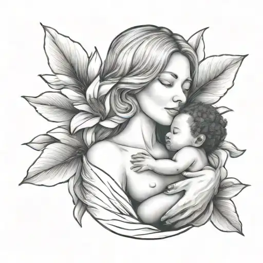 Outline Of Mother Breastfeeding With Magnolia Flower