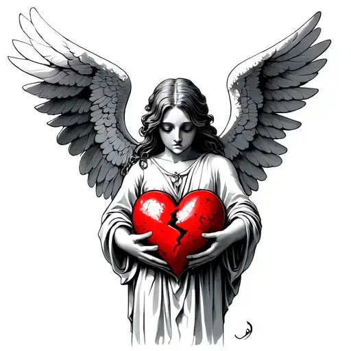 Sad Angel Holding A Broken Heart With No Shading Only Line Work