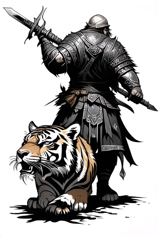 Nordic Warrior With Sword Standing On Fierce Tiger Looking Back At Him
