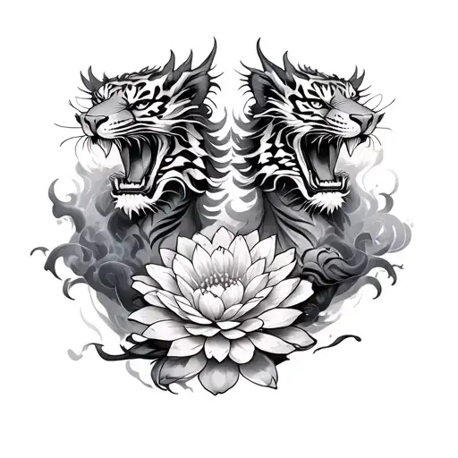Two Dragons And A Tiger Chrysanthemum Flowerand Smoke Asian