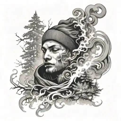 Smoke Swirling Around A Figure Transitioning From Boy To Man In A Winter Forest Setting