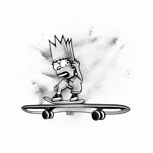 A Black And Grey Tattoo Of Bart Simpson Skateboarding With A University Logo In The Background