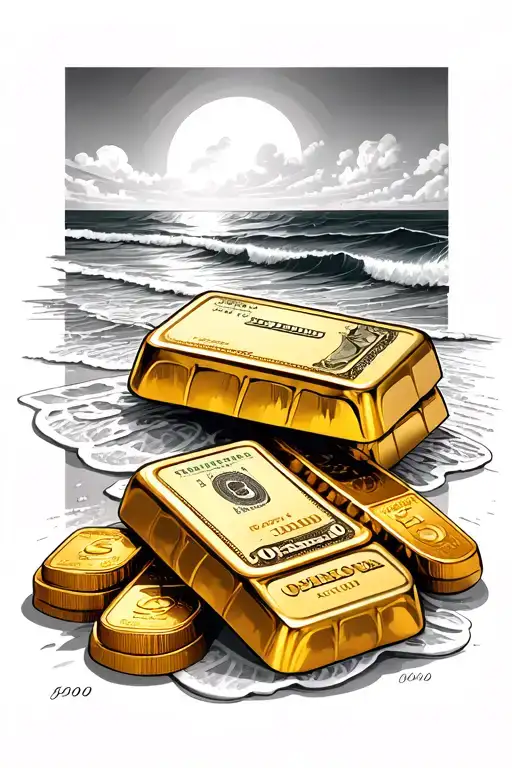 Gold Bars And Money On Beach
