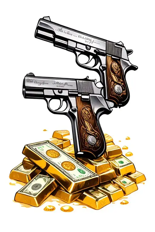Pistols And Money And Gold Bars On Beach