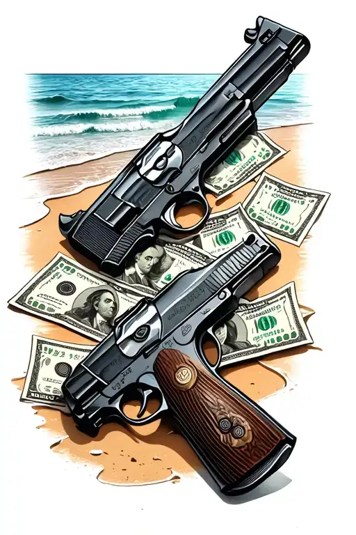 Pistols And Money On Beach