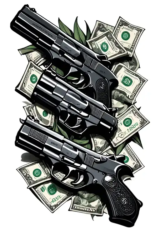 Pistols And Money On Beach