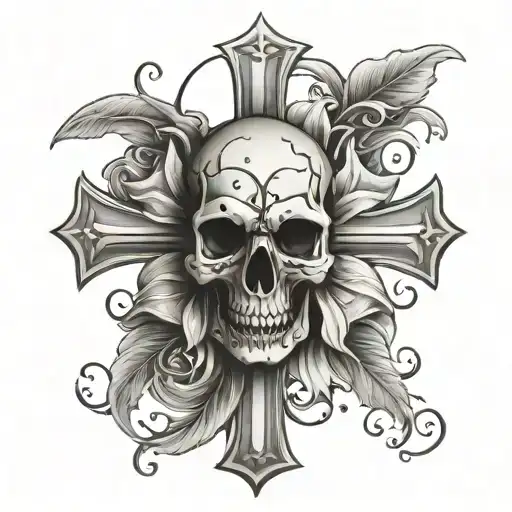 Cross With Skull And Lillies Growing