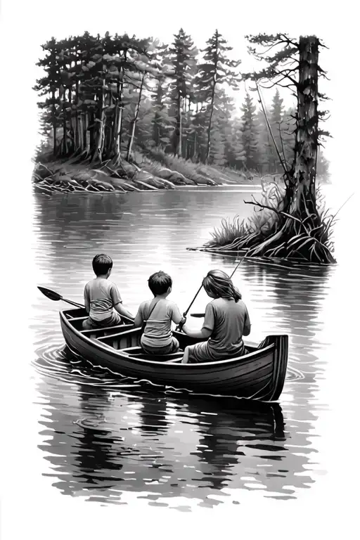 Three Kids In A Boat Fishing In The Forest With Mom And Dad Watching Them From The Shore