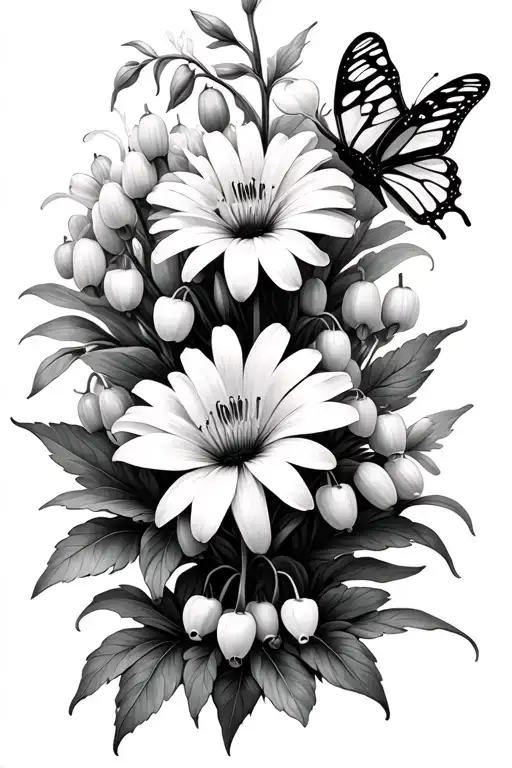 Aster And Lily Of The Valley Intertwined With Each Other With Two Butterflies