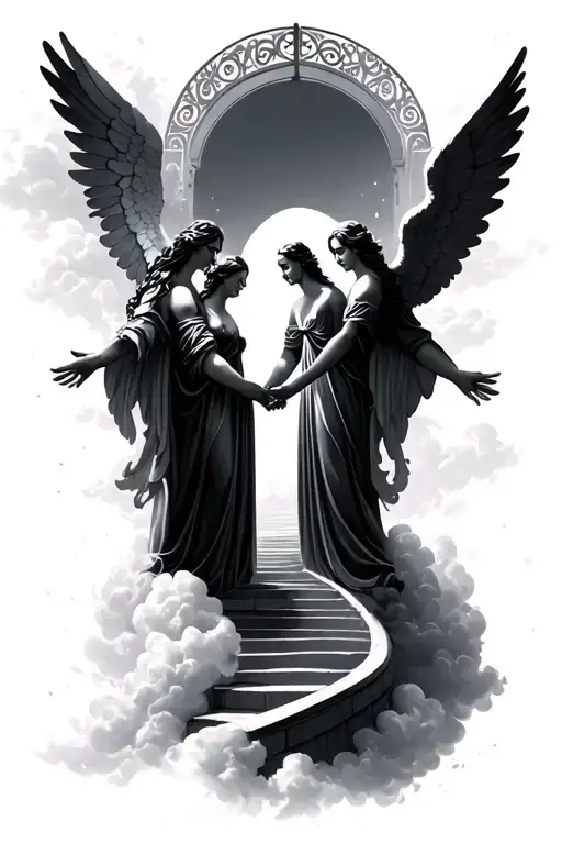 15 Steps To Heaven Clouds Holding Hands Sleek Black And Grey Gates Angels Curved Steps