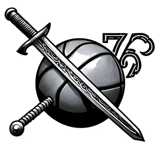 A Japanese Sword Piercing The Number Seven And A Medium Basketball Ball