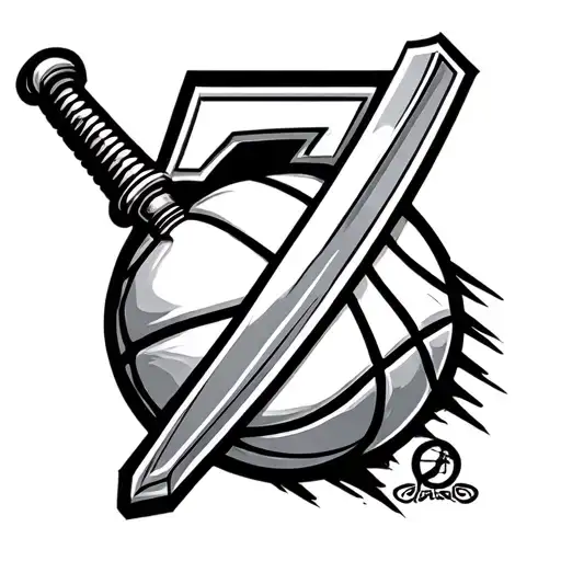 A Japanese Sword Piercing The Number Seven And A Medium Basketball Ball