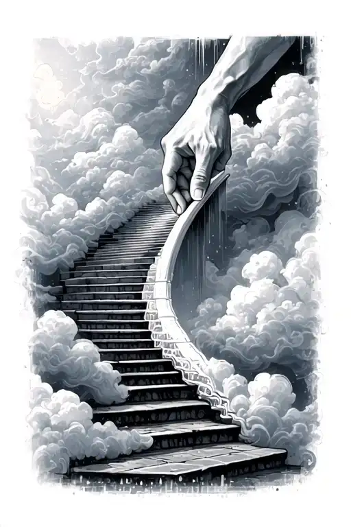 15 Steps Staircase To Heaven Clouds Holding Hands Depth Detail Sleek Design Futuristic Soul