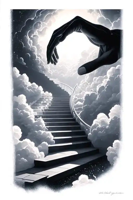 15 Steps Staircase To Heaven Clouds Holding Hands Depth Detail Sleek Design Futuristic Soul