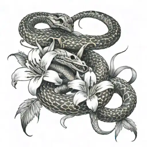 A Realistic Depiction Of A Snake Wrapped Around A Skeleton Hand With Spider Lilies In The Background