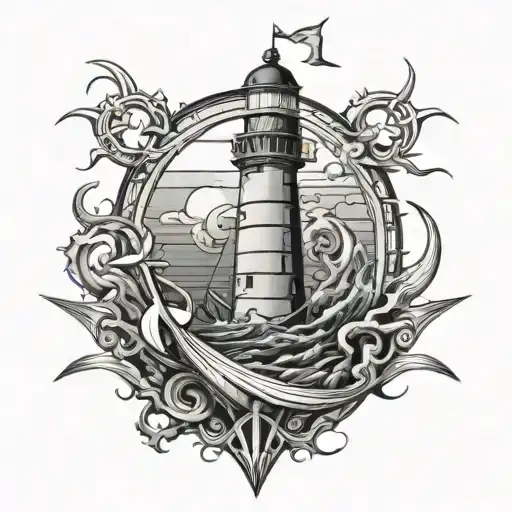 Tribal With Anchor Intertwined With Lighthouse And Ocean