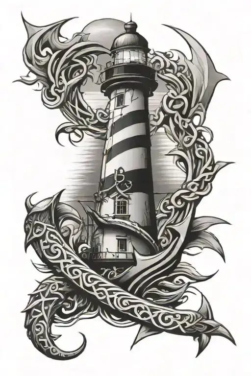 Tribal With Anchor Intertwined With Lighthouse And Ocean