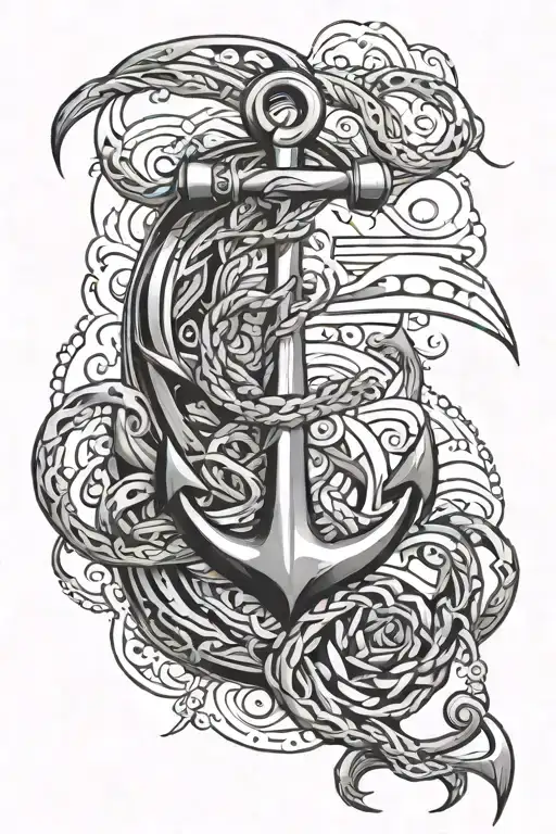 Tribal With Anchor Intertwined With Ocean Scene