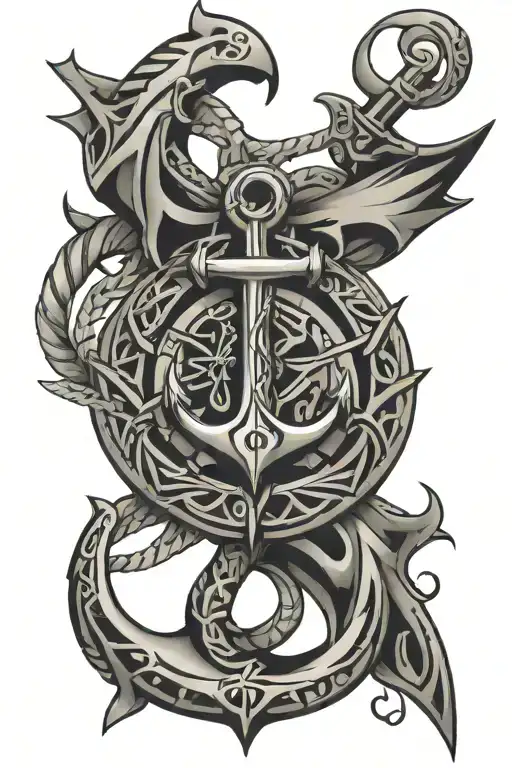 Tribal With Anchor Intertwined With Ocean