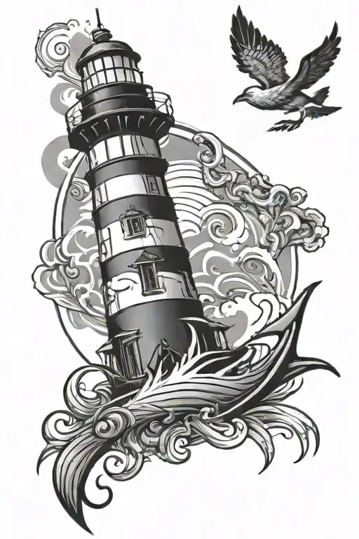 Tribal Lighthouse With Anchor And Ocean Intertwined