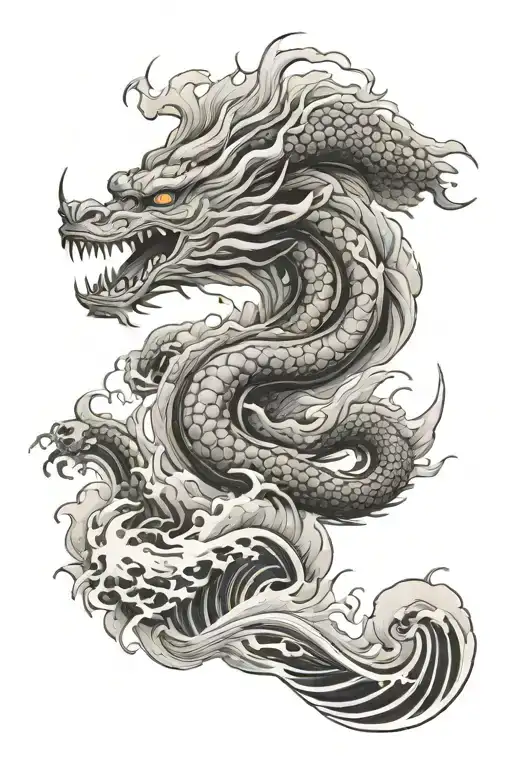 Japanese Waves With Japanese Dragon Flying