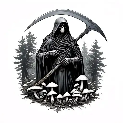 Reaper Holding A Scythe In A Forest Of Mushrooms