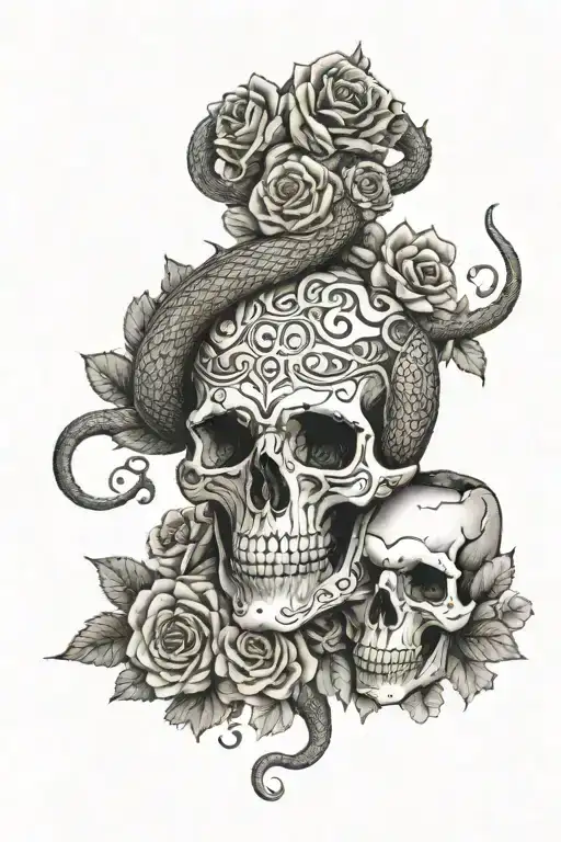 A Snake Slithering Through A Skull Surrounded By Flowers And Medusa In The Flowers