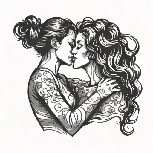 Women Kissing Fine Line Silhouette