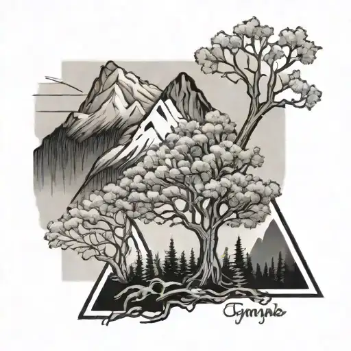 Black And White Maple Tree And Mountain In A Triangle