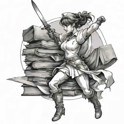 Create A Tattoo Of A Nurse Warrior Wielding A Sword Made Of Books
