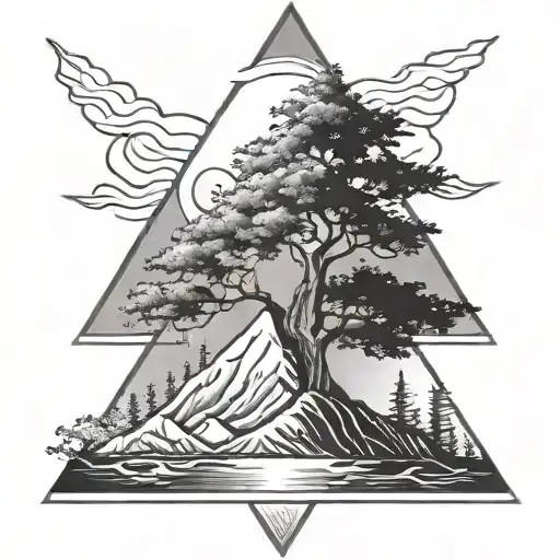 Simple Black And White Maple Tree And Mountain In A Triangle