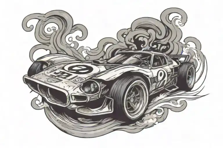 80S Race Car With Number 82 Going Around Bottom Of Arm With Smoke Behind