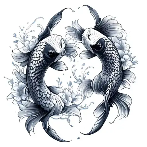 2 Koi Fish With Wavy Lines And Flowers