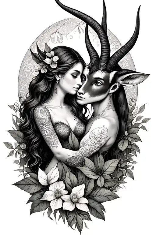 Couple Tattoo Design For Virgo Girl And Capricorn Boy With Nature And Animals