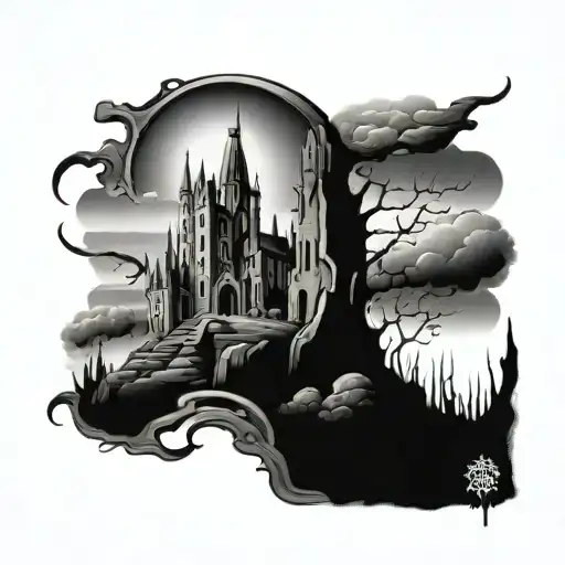 Dark Tombstone With Castle In Background