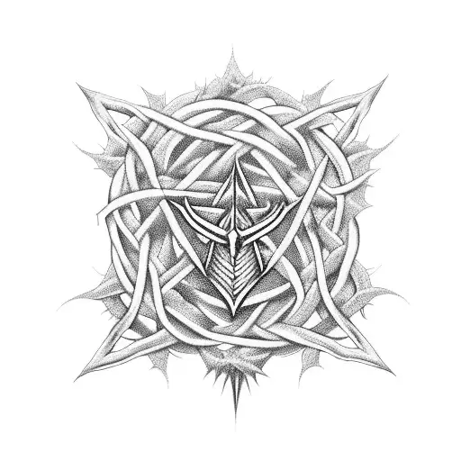 A Satanic Symbol Intertwined With Thorny Vines In A Black-grey Style