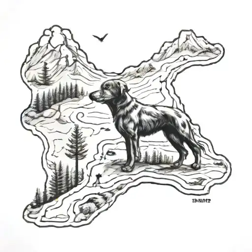 A Detailed Map Tattoo Of A Hiking Trail With Footprints And A Dog Companion Following Along