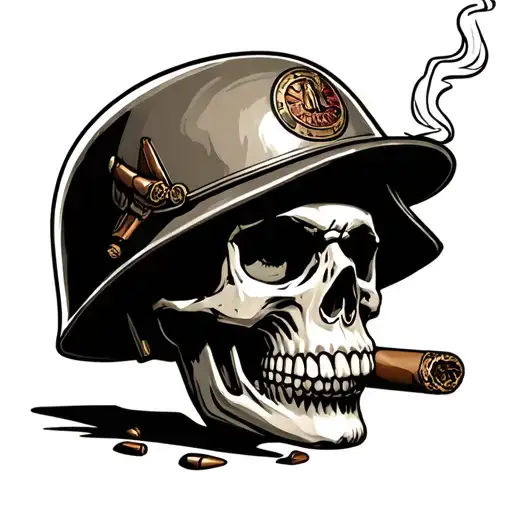 Skull With A Army Helmet Smoking A Cigar And Bullets For Eyes