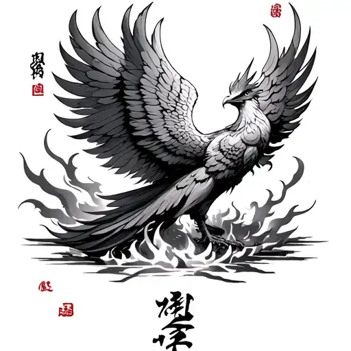 A Tatoo Depicting A Phoenix Rising From Ashes With Kaizen Script In Kanji As A Foear Tatoo
