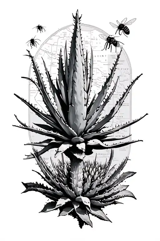 Field Of Agave With Bees And A Map