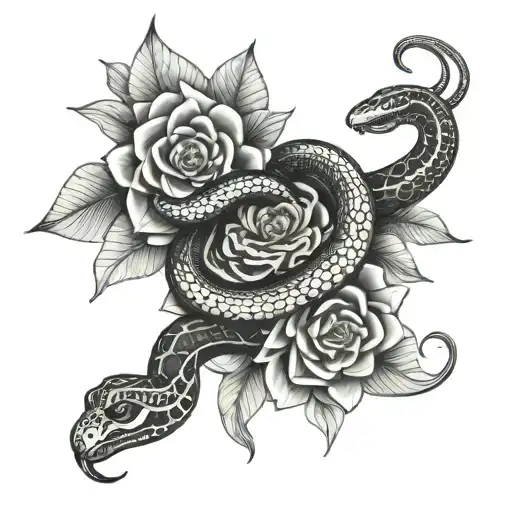 Snake And Mandala And Flowers Intertwined