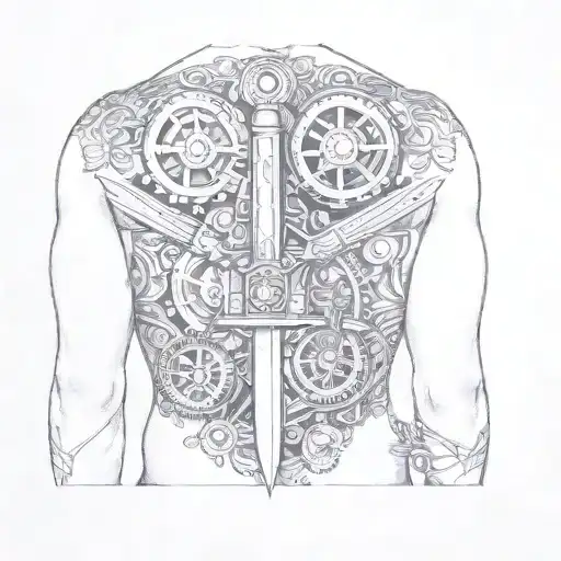 A Man With A Sword And Gears On His Back