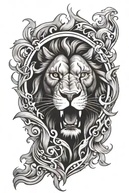 Lion Face With Cross Surrounded By Flames Left Arm Sleeve