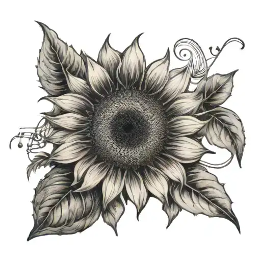 A Black-grey Tattoo Of A Sunflower Field With A Musical Staff Weaving Through The Flowers